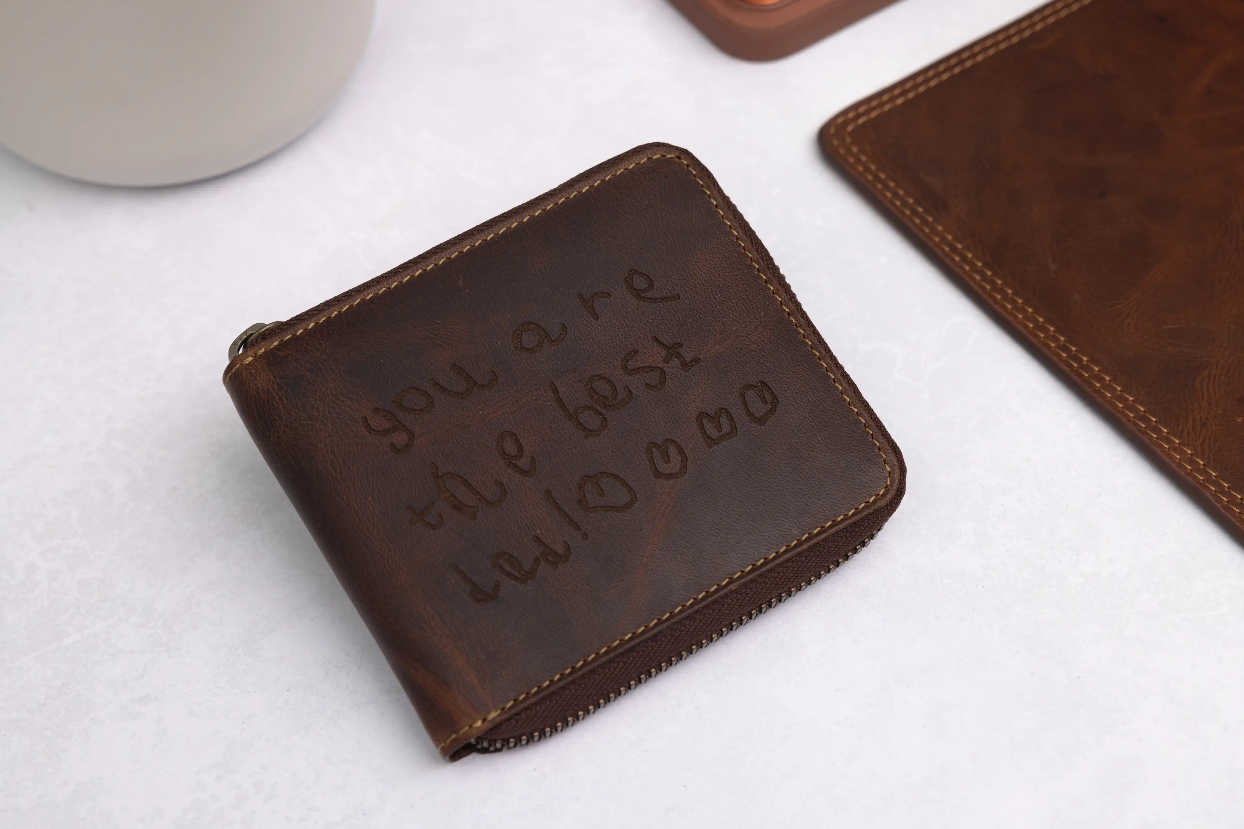 Personalised Brown Leather Wallet – Zip-Around Bifold Design
