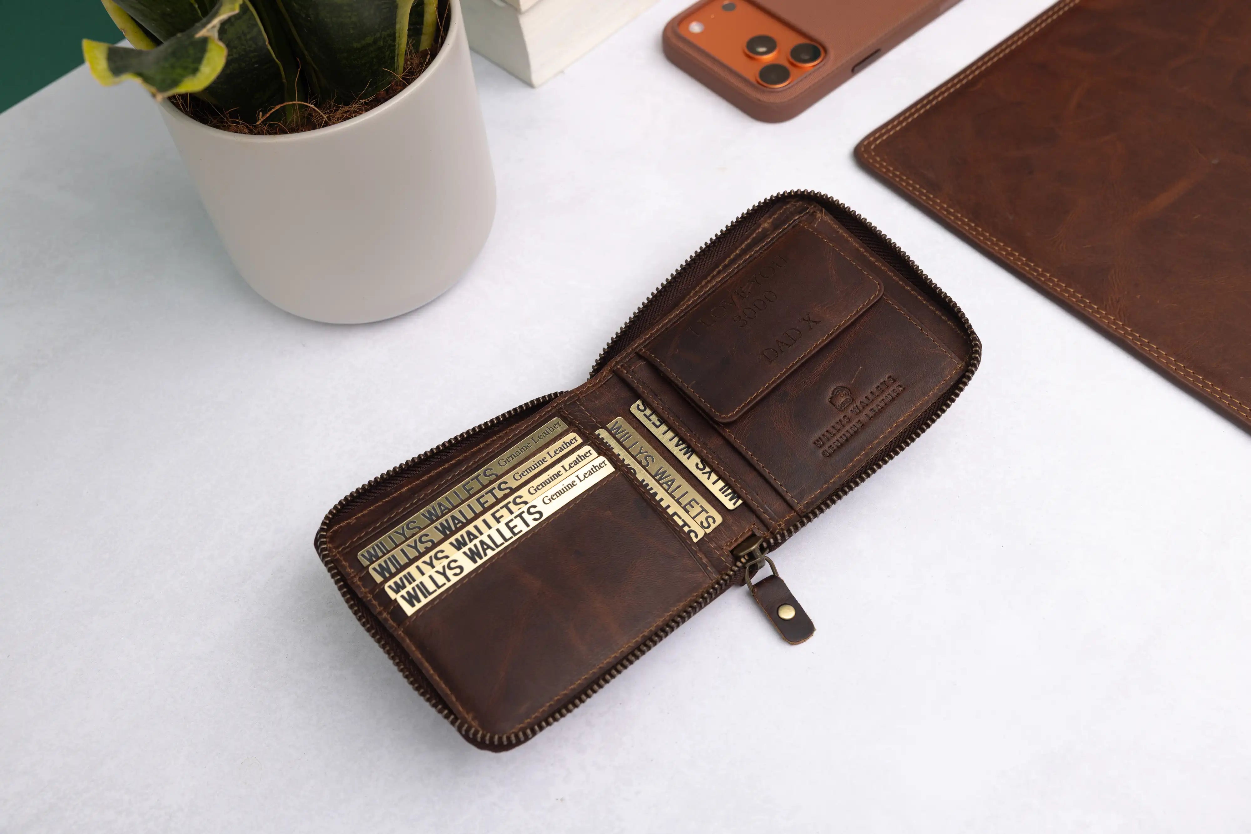 Personalised Brown Leather Wallet – Zip-Around Bifold Design