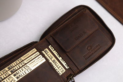 Personalised Brown Leather Wallet – Zip-Around Bifold Design
