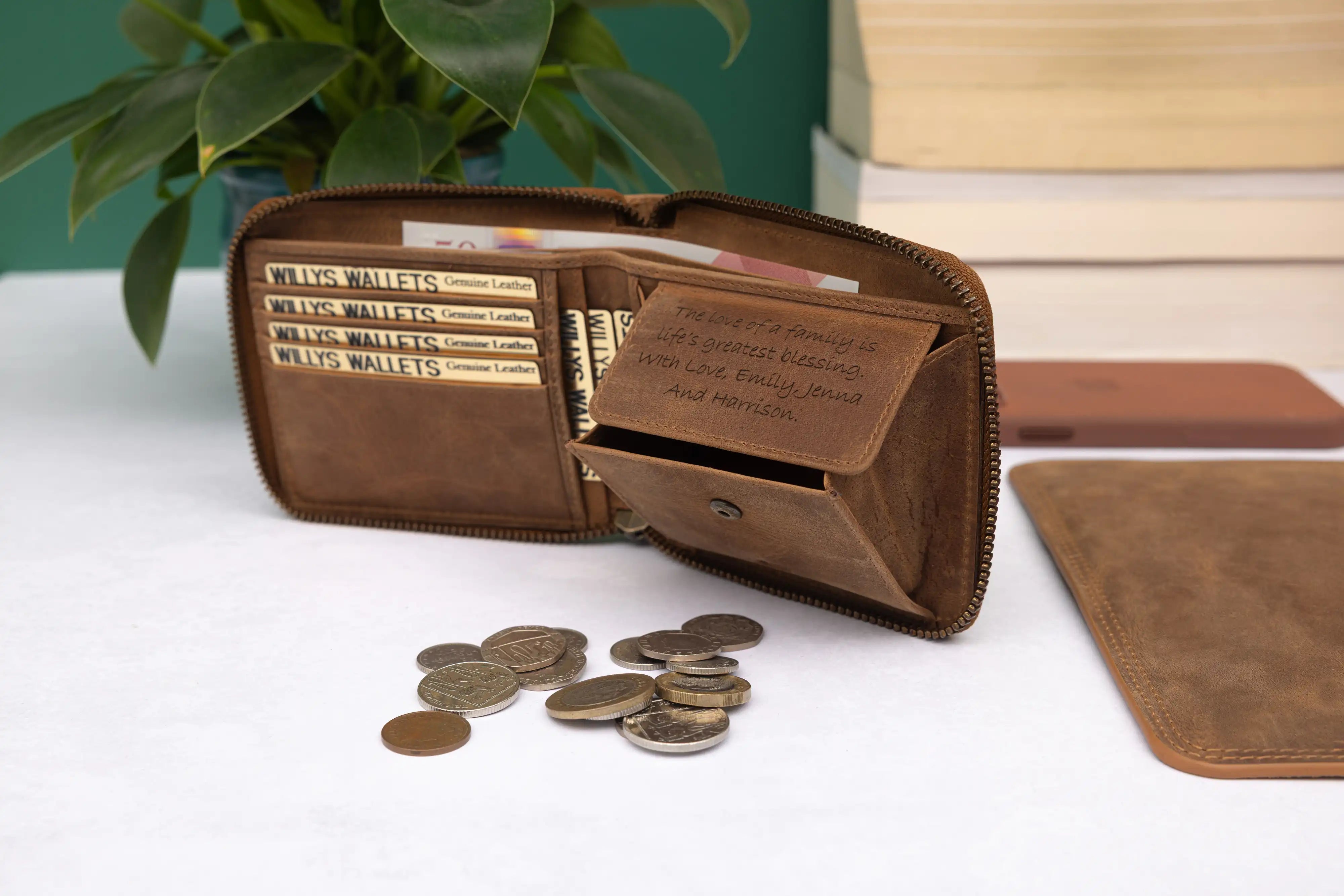 Personalised Rustic Brown Leather Wallet – Bifold Zip-Around RFID Wallet