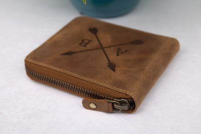 Personalised Rustic Brown Leather Wallet – Bifold Zip-Around RFID Wallet