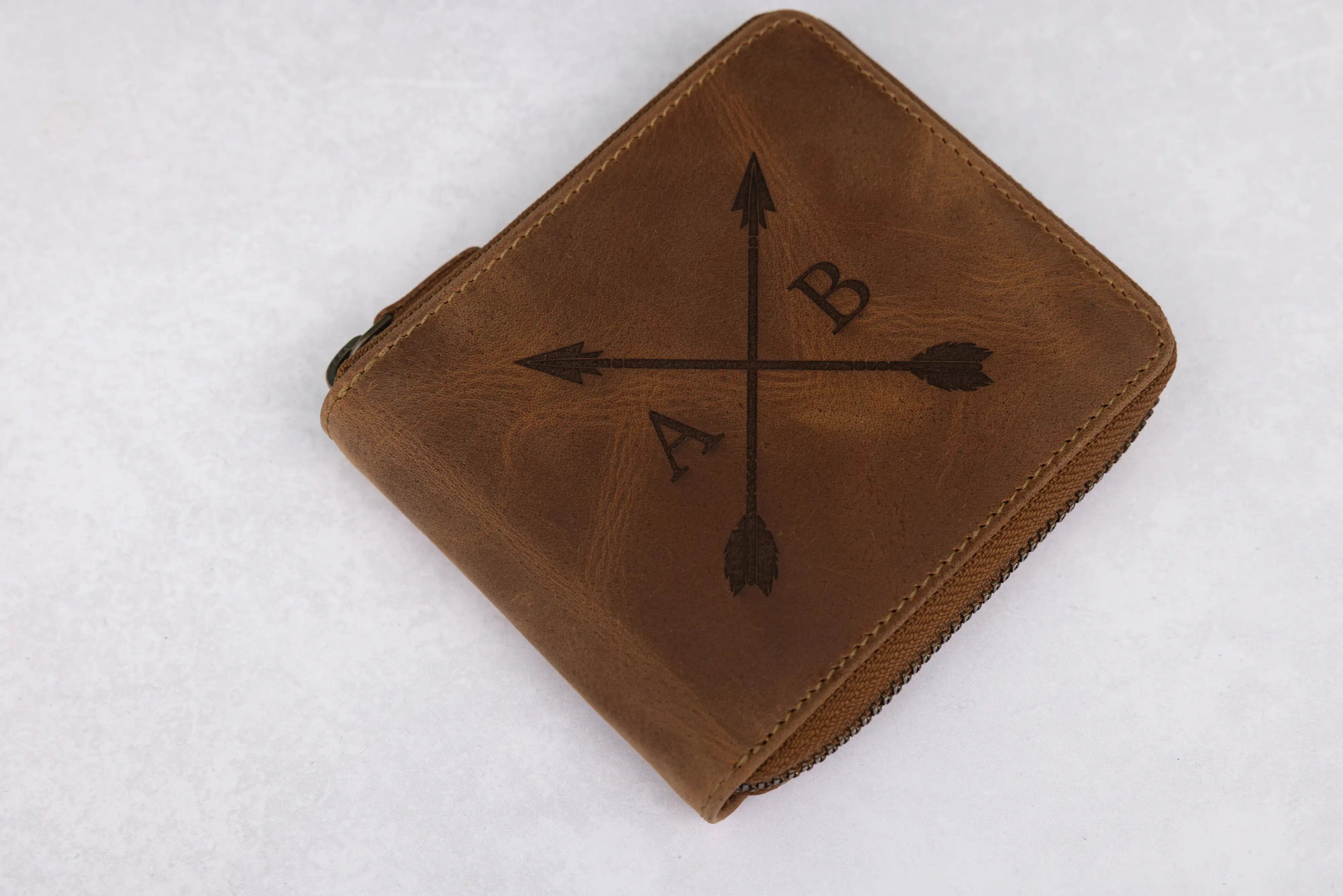 Personalised Rustic Brown Leather Wallet – Bifold Zip-Around RFID Wallet