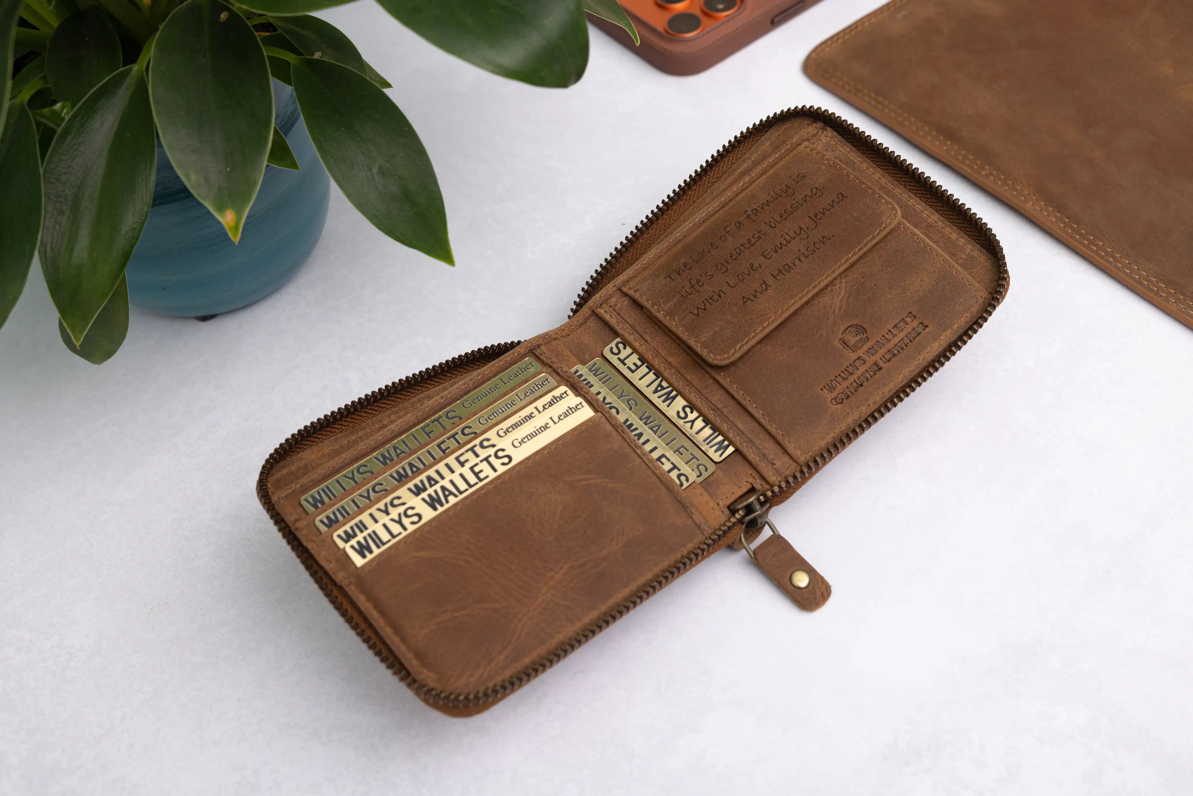 Personalised Rustic Brown Leather Wallet – Bifold Zip-Around RFID Wallet