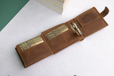 Personalised High-Capacity Rustic Brown Hunter Leather Wallet – Bifold RFID Wallet for Men