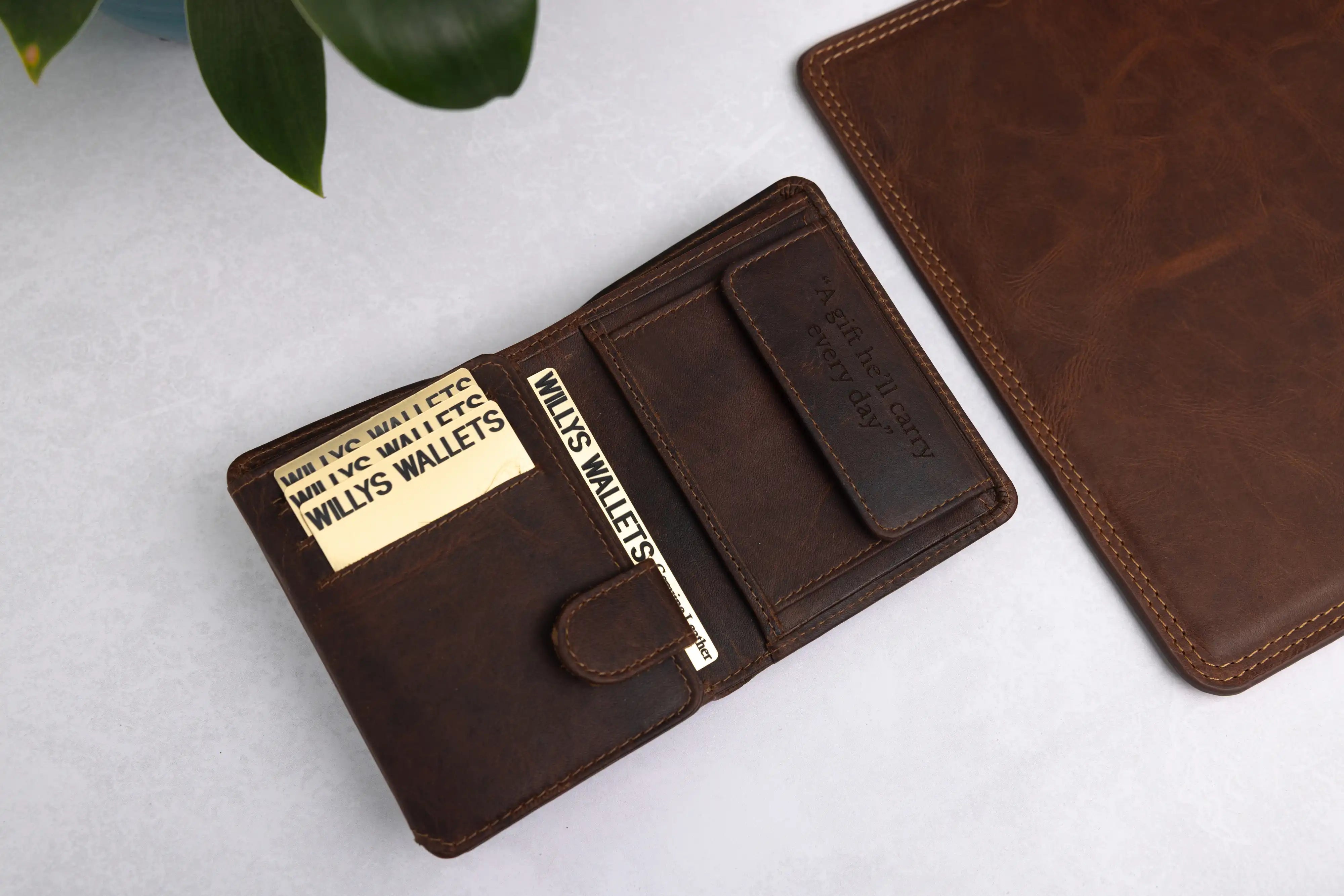 Personalised Brown Leather Wallet – Trifold Design with RFID Protection