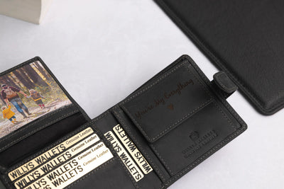 Personalised Black Hunter Leather Wallet – Bifold with Coin Pocket & RFID Protection