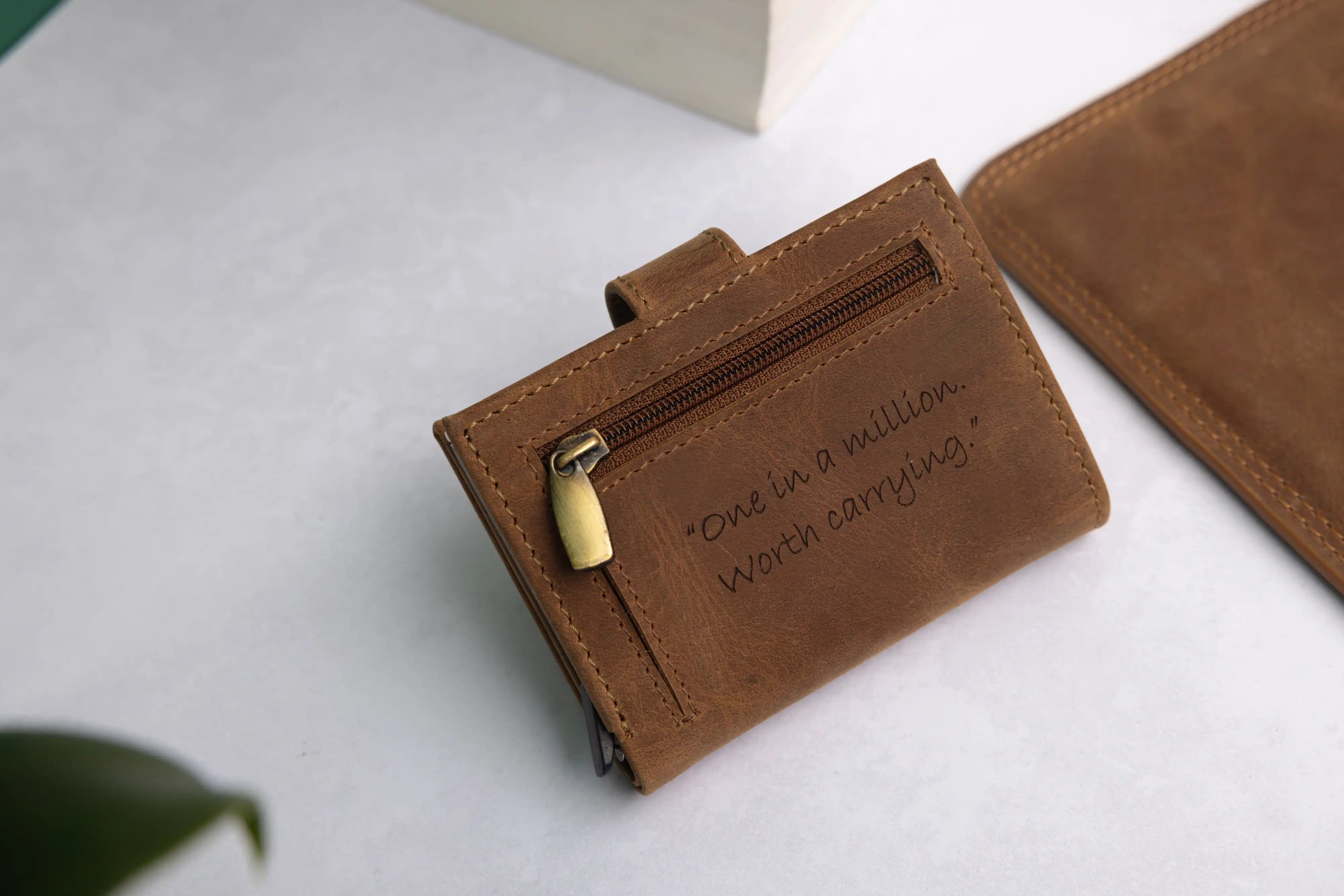 Personalised 6-Card Cognac Pop-Up Wallet – RFID Secure, Compact & Stylish