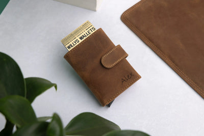 Personalised 6-Card Cognac Pop-Up Wallet – RFID Secure, Compact & Stylish