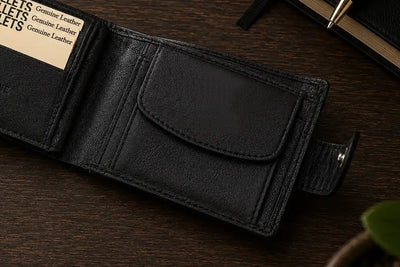 Personalised Black Leather Wallet – Bifold with Coin Pocket & Custom Engraving