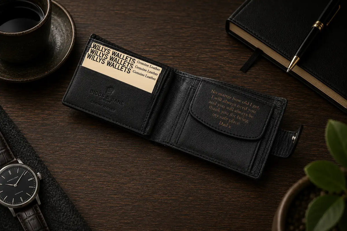 Personalised Black Leather Wallet – Bifold with Coin Pocket & Custom Engraving