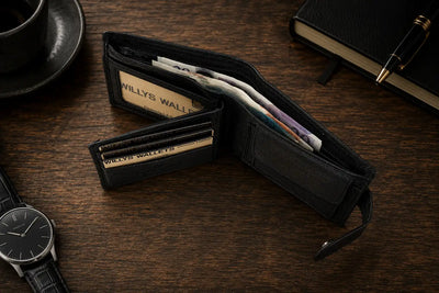 Personalised Black Leather Wallet – Bifold with Coin Pocket & Custom Engraving