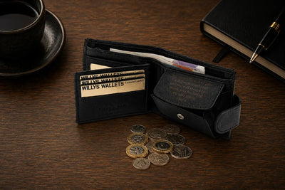 Personalised Black Leather Wallet – Bifold with Coin Pocket & Custom Engraving