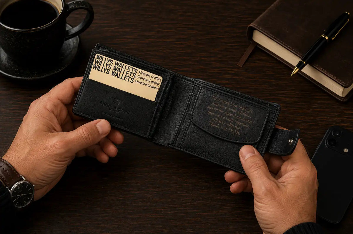 Personalised Black Leather Wallet – Bifold with Coin Pocket & Custom Engraving