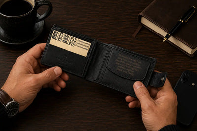 Personalised Black Leather Wallet – Bifold with Coin Pocket & Custom Engraving
