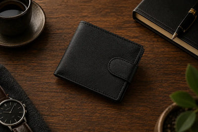 Personalised Black Leather Wallet – Bifold with Coin Pocket & Custom Engraving
