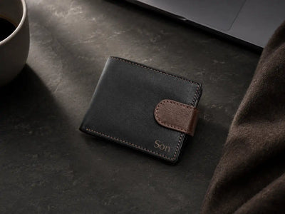 Personalised Black & Dark Brown Leather Wallet – Bifold with Coin Pocket & Custom Engraving