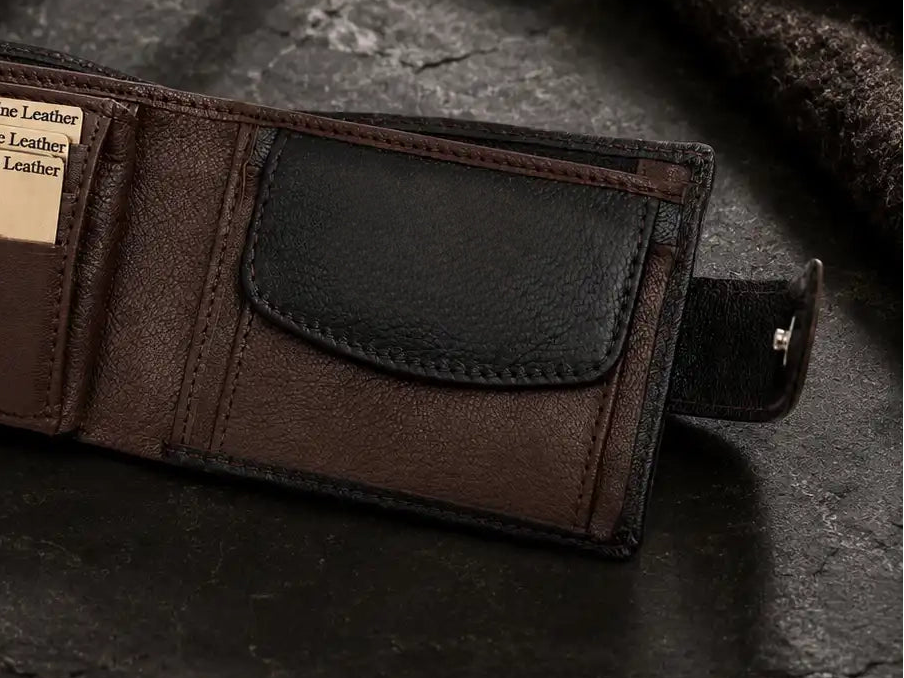 Personalised Black & Dark Brown Leather Wallet – Bifold with Coin Pocket & Custom Engraving