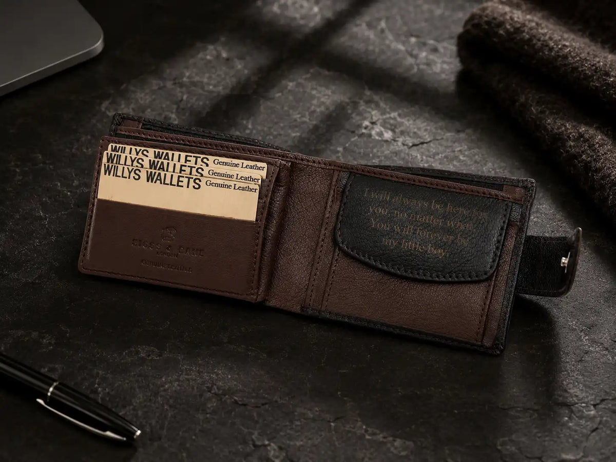 Personalised Black & Dark Brown Leather Wallet – Bifold with Coin Pocket & Custom Engraving