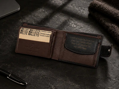 Personalised Black & Dark Brown Leather Wallet – Bifold with Coin Pocket & Custom Engraving