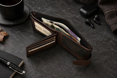 Personalised Black & Dark Brown Leather Wallet – Bifold with Coin Pocket & Custom Engraving