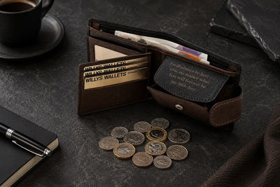 Personalised Black & Dark Brown Leather Wallet – Bifold with Coin Pocket & Custom Engraving