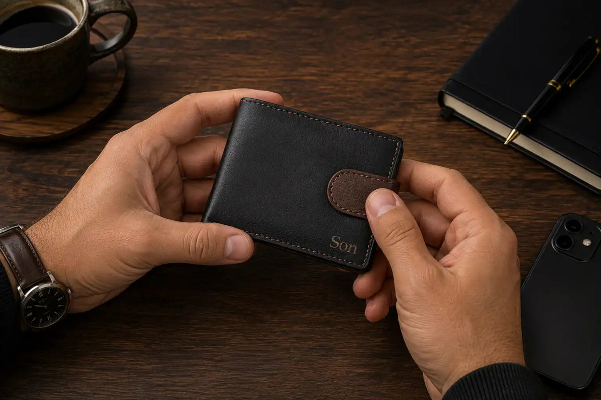 Personalised Black & Dark Brown Leather Wallet – Bifold with Coin Pocket & Custom Engraving