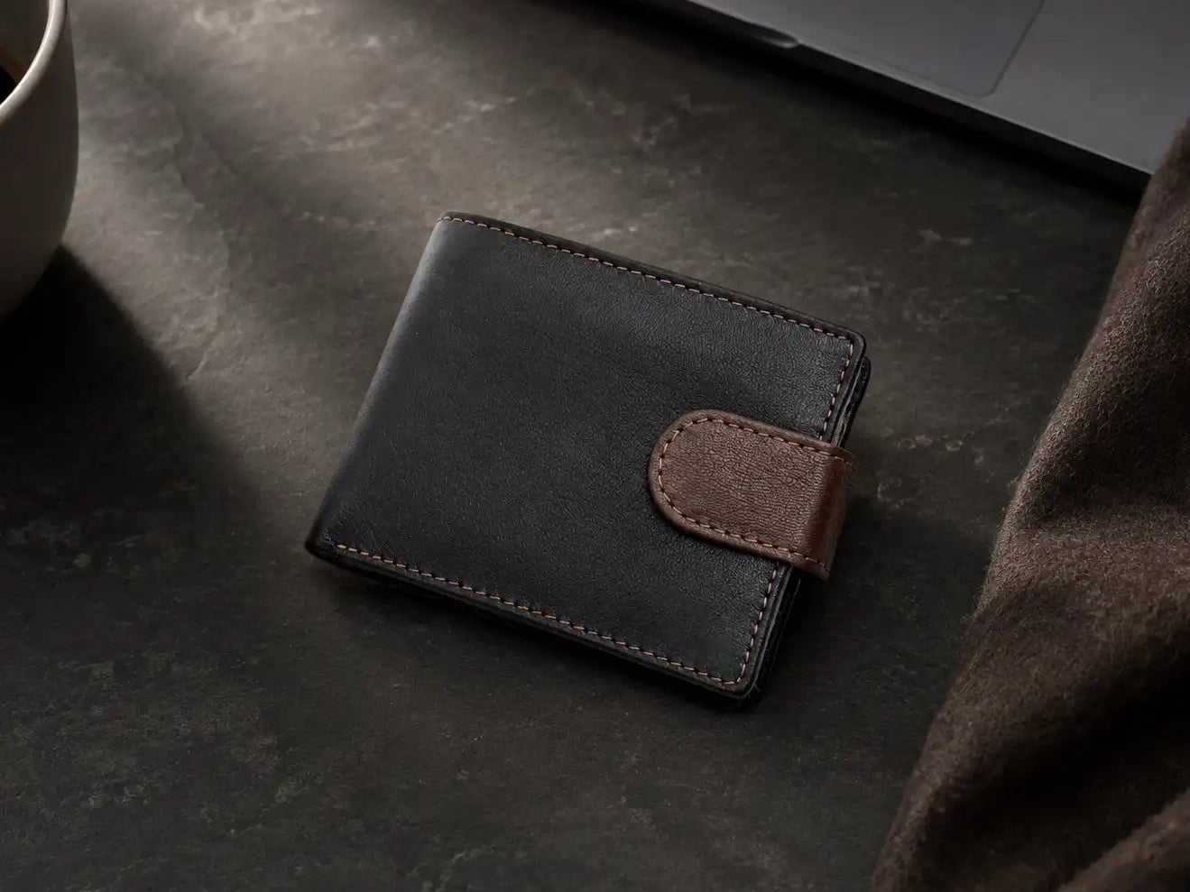 Personalised Black & Dark Brown Leather Wallet – Bifold with Coin Pocket & Custom Engraving
