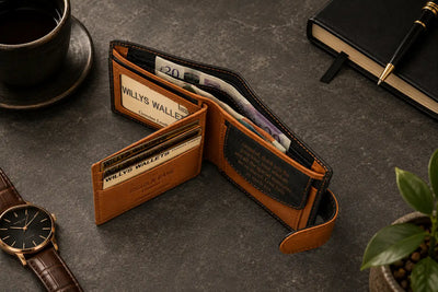 Personalised Black & Tan Leather Wallet – Bifold with Coin Pocket & Custom Engraving