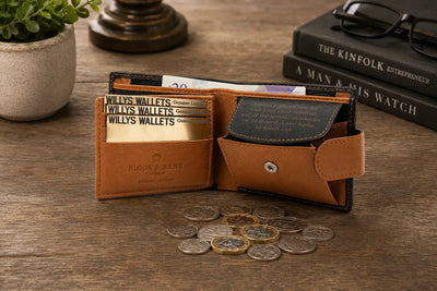 Personalised Black & Tan Leather Wallet – Bifold with Coin Pocket & Custom Engraving