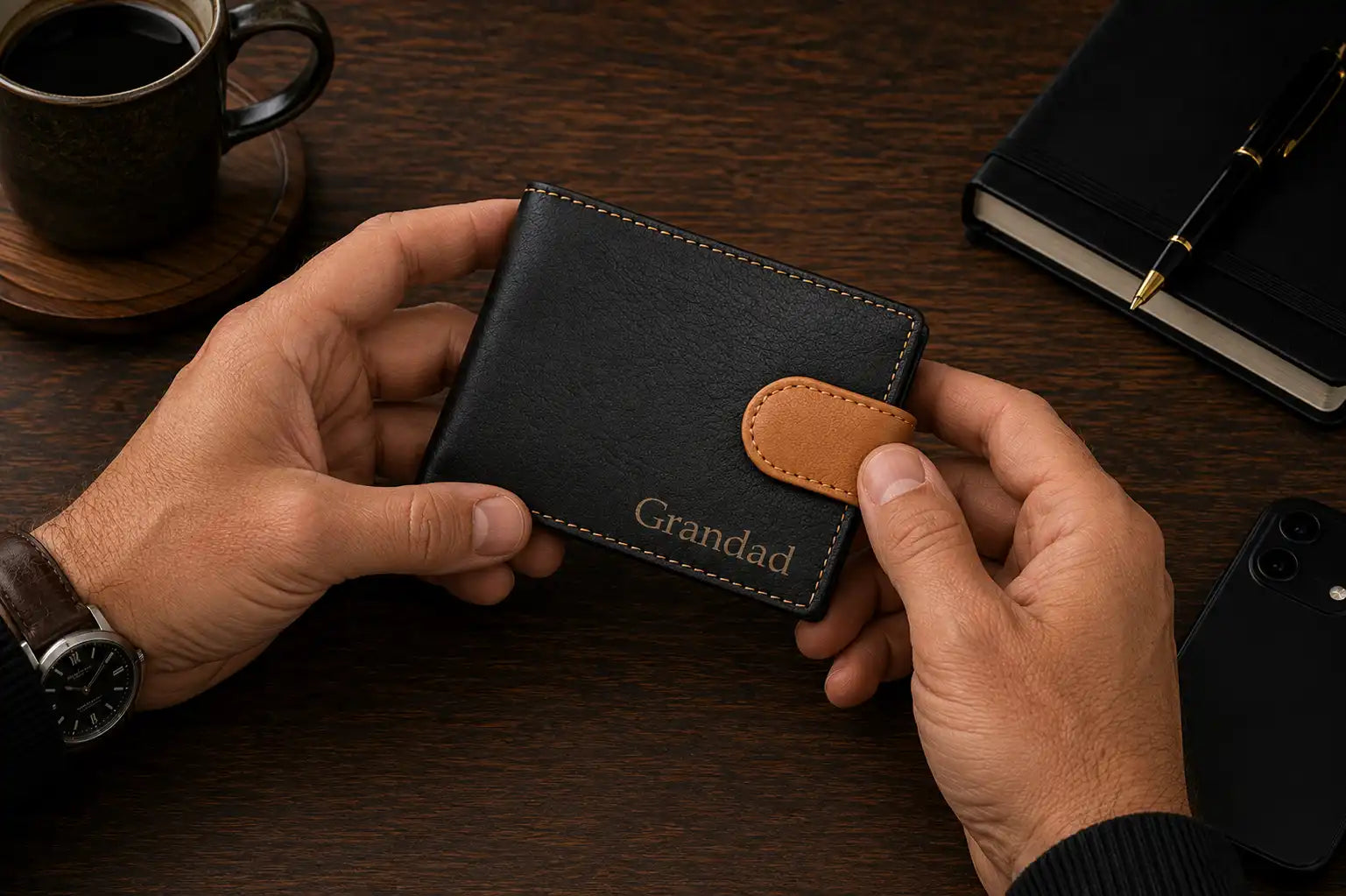 Personalised Black & Tan Leather Wallet – Bifold with Coin Pocket & Custom Engraving
