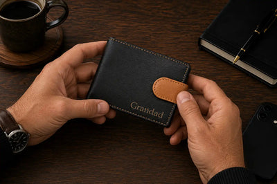 Personalised Black & Tan Leather Wallet – Bifold with Coin Pocket & Custom Engraving