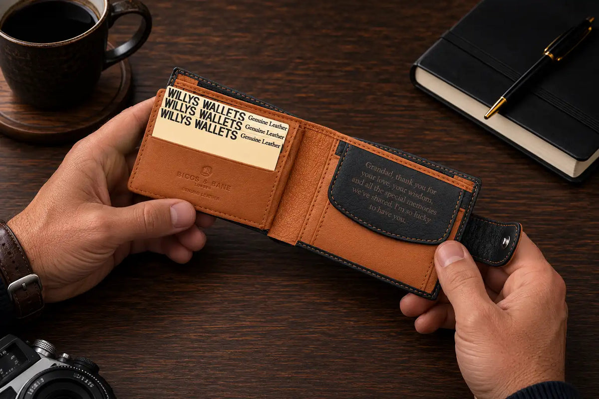 Personalised Black & Tan Leather Wallet – Bifold with Coin Pocket & Custom Engraving