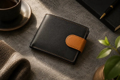 Personalised Black & Tan Leather Wallet – Bifold with Coin Pocket & Custom Engraving