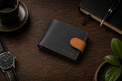 Personalised Navy & Tan Leather Wallet – Bifold with Coin Pocket & Custom Engraving