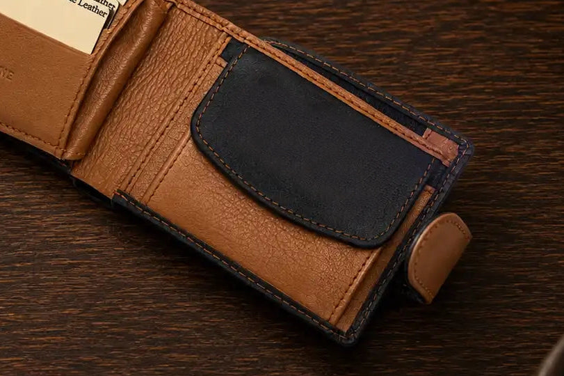 Personalised Navy & Tan Leather Wallet – Bifold with Coin Pocket & Custom Engraving