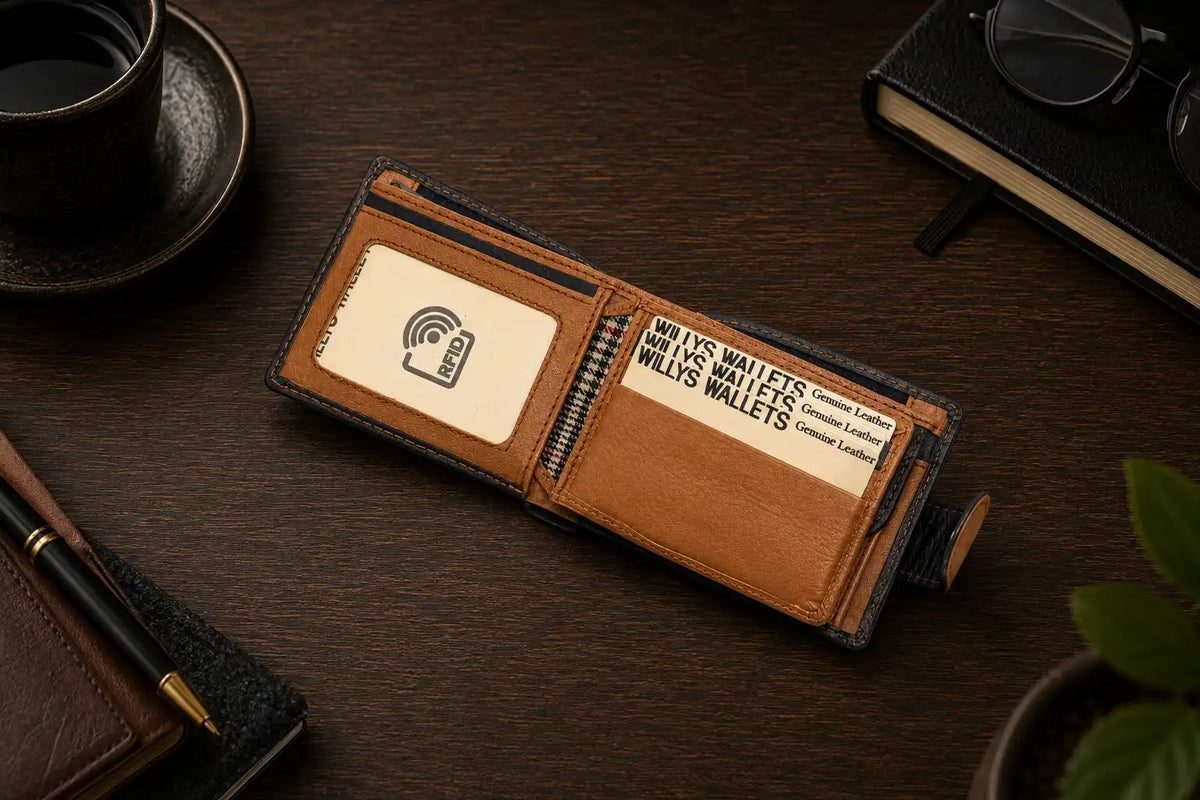 Personalised Navy & Tan Leather Wallet – Bifold with Coin Pocket & Custom Engraving