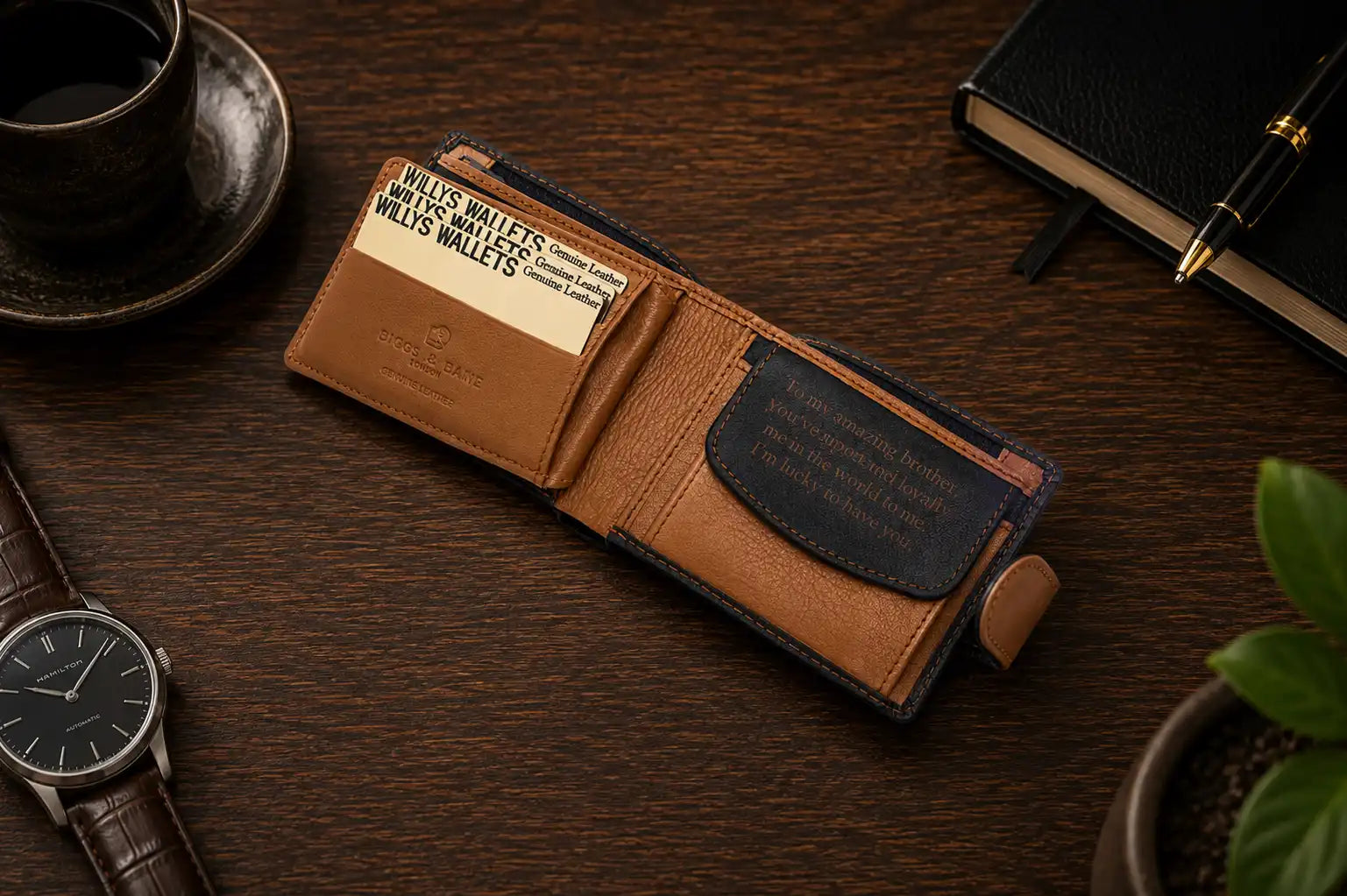 Personalised Navy & Tan Leather Wallet – Bifold with Coin Pocket & Custom Engraving