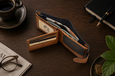 Personalised Navy & Tan Leather Wallet – Bifold with Coin Pocket & Custom Engraving
