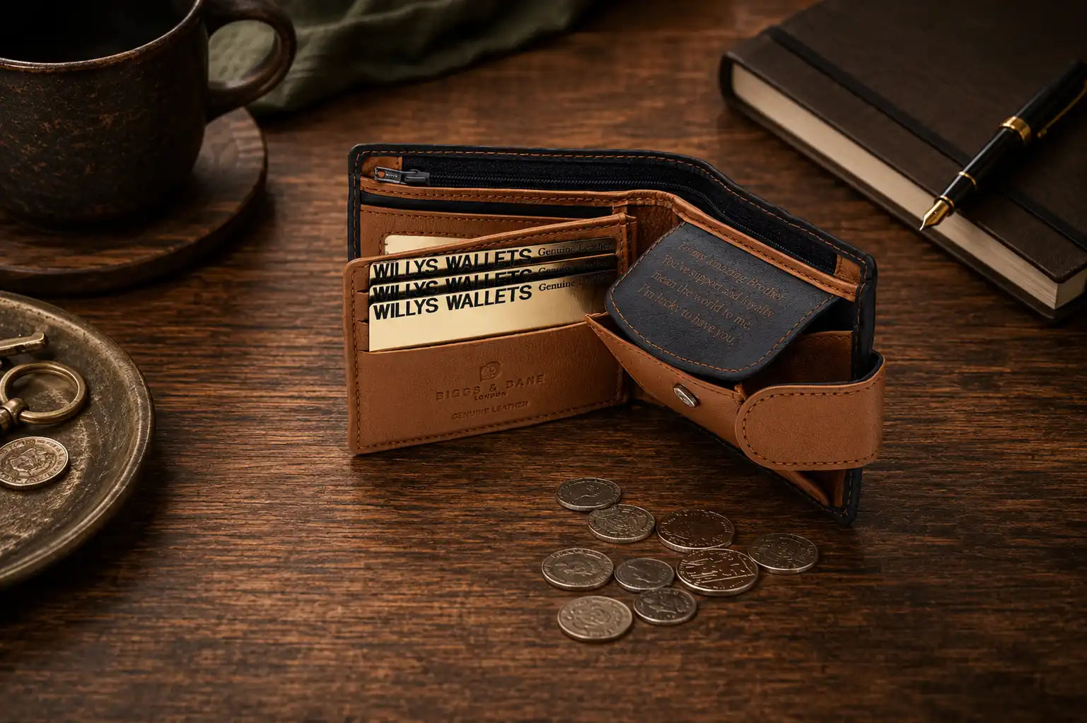 Personalised Navy & Tan Leather Wallet – Bifold with Coin Pocket & Custom Engraving