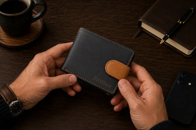 Personalised Navy & Tan Leather Wallet – Bifold with Coin Pocket & Custom Engraving