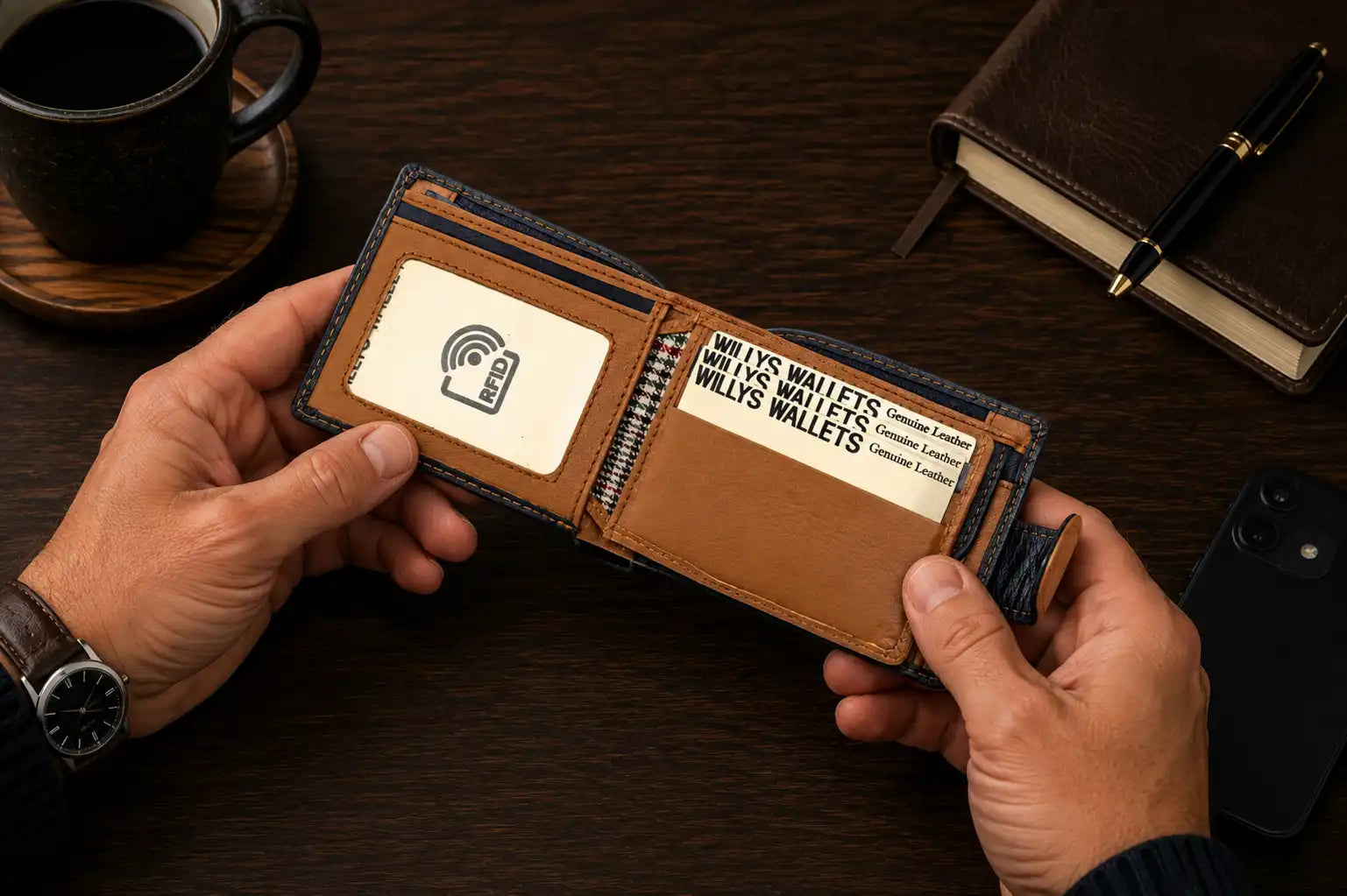 Personalised Navy & Tan Leather Wallet – Bifold with Coin Pocket & Custom Engraving