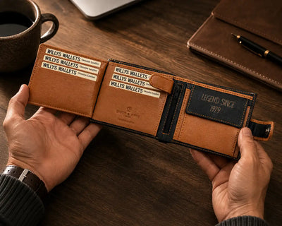 Personalised High-Capacity Black & Tan Leather Wallet – Bifold RFID Wallet for Men