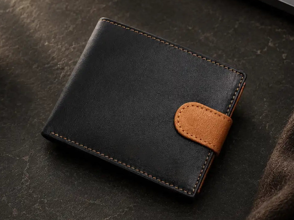 Personalised High-Capacity Black & Tan Leather Wallet – Bifold RFID Wallet for Men