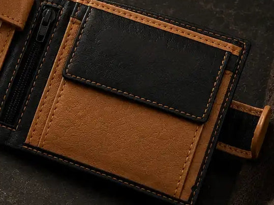 Personalised High-Capacity Black & Tan Leather Wallet – Bifold RFID Wallet for Men