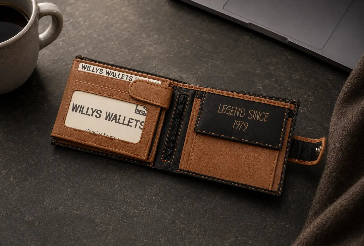 Personalised High-Capacity Black & Tan Leather Wallet – Bifold RFID Wallet for Men