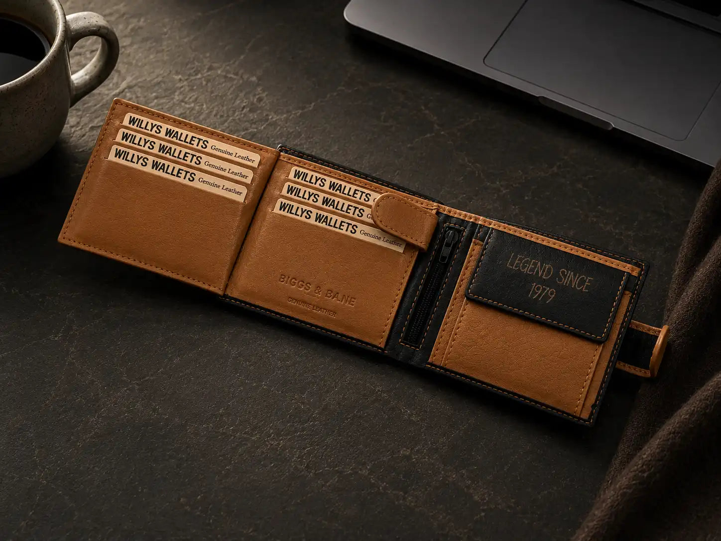 Personalised High-Capacity Black & Tan Leather Wallet – Bifold RFID Wallet for Men
