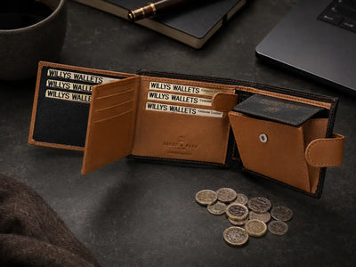 Personalised High-Capacity Black & Tan Leather Wallet – Bifold RFID Wallet for Men