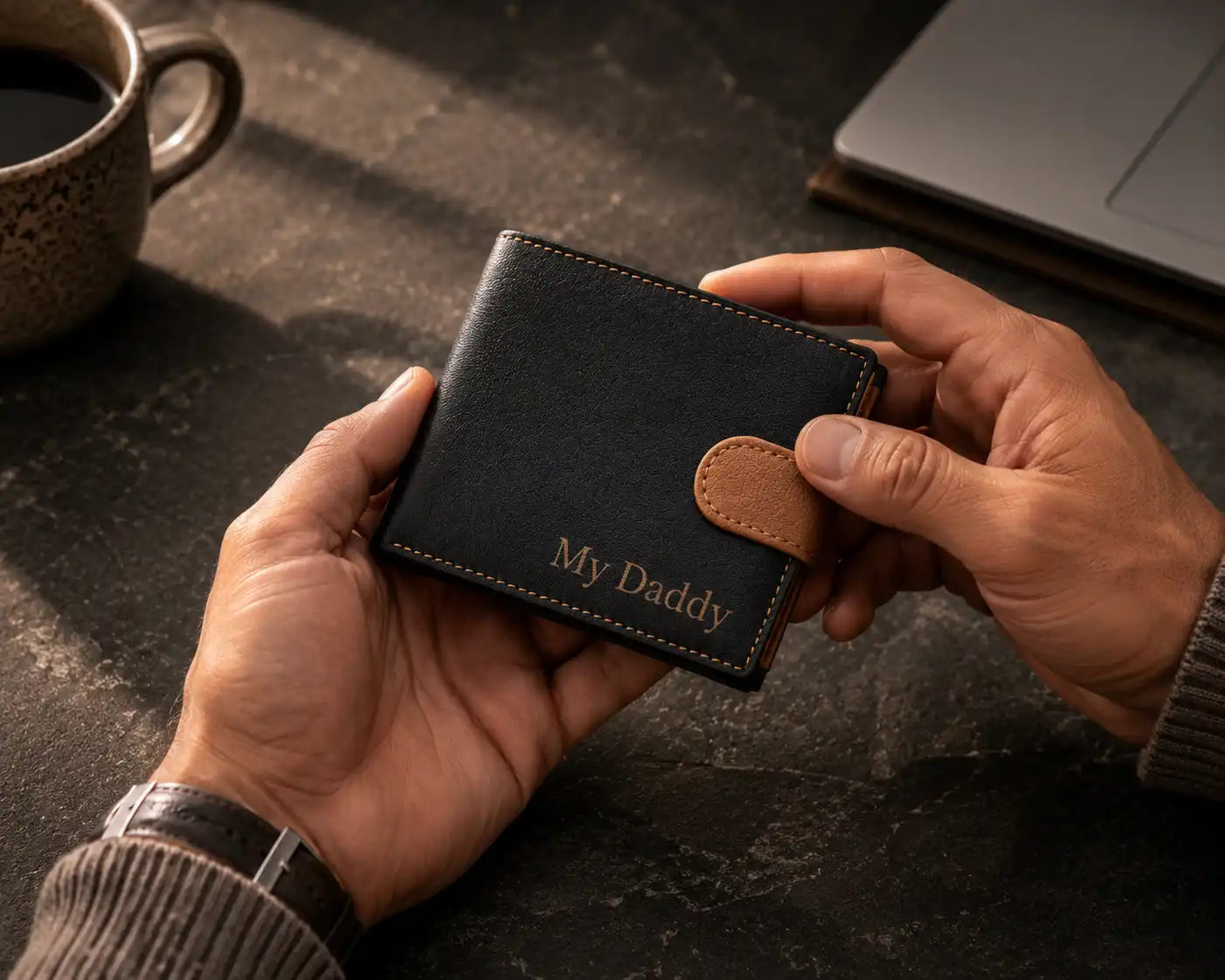 Personalised High-Capacity Black & Tan Leather Wallet – Bifold RFID Wallet for Men