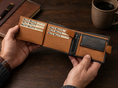 Personalised High-Capacity Navy & Tan Leather Wallet – Bifold RFID Wallet for Men