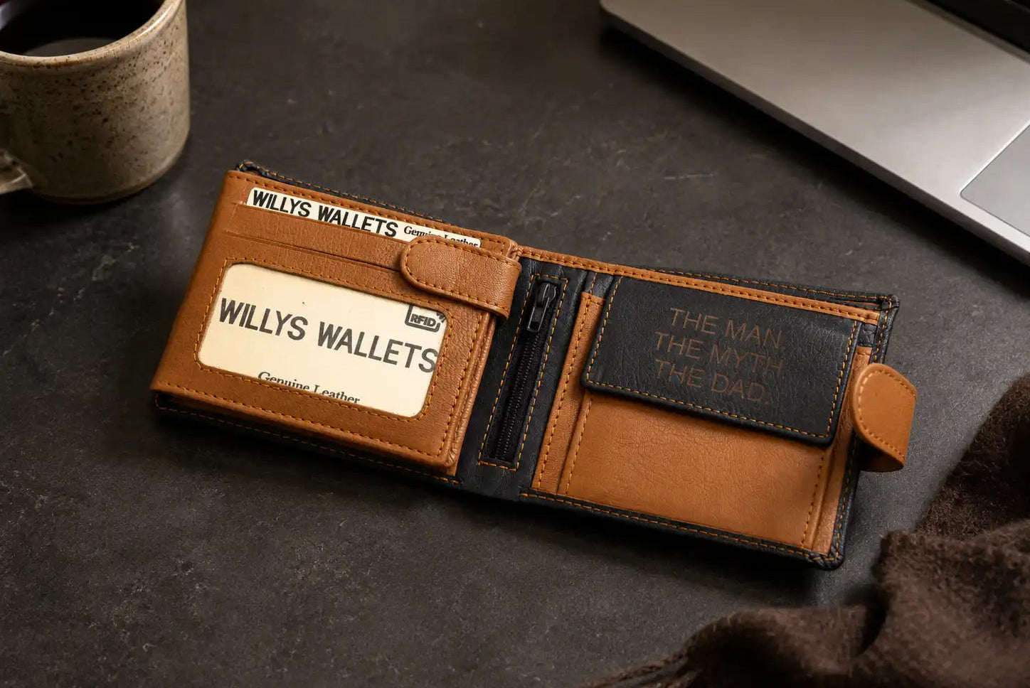 Personalised High-Capacity Navy & Tan Leather Wallet – Bifold RFID Wallet for Men